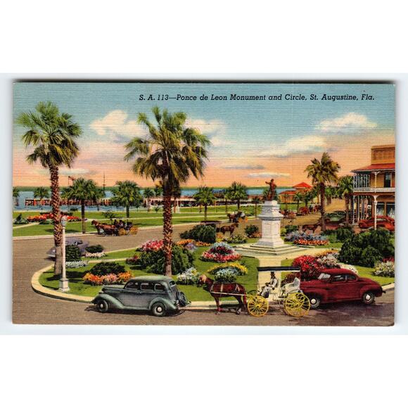 Vintage Linen Postcard Ponce de Leon Monument St. Augustine FL 1940s Old Cars - Picture 1 of 2